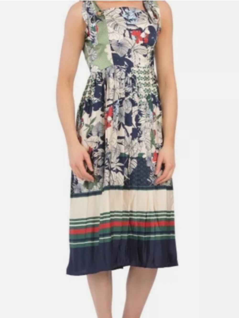 Dalia Macphee Tie Shoulder Botany Leaves Printed Midi Dress M #D1